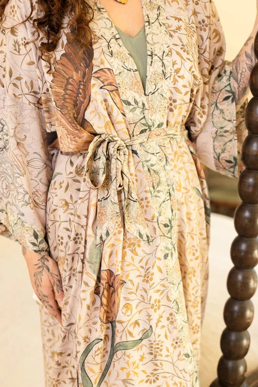 Folklore Bamboo Floral Bird Kimono Duster Robe
