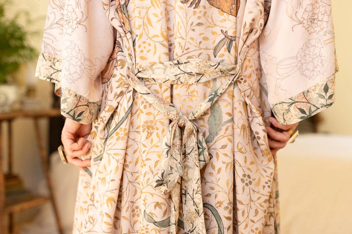 Folklore Bamboo Floral Bird Kimono Duster Robe