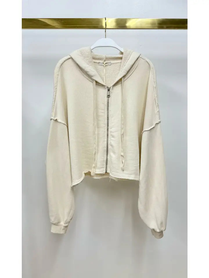 Frayed Hem Long Sleeve Zip Up Hoodie
