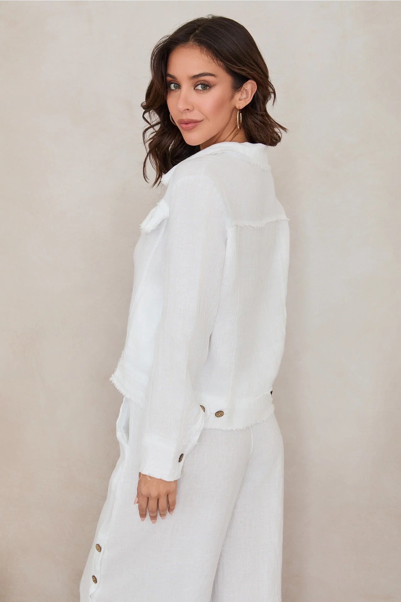 Fringe Hem Button Down Linen Jacket
