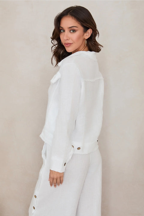 Fringe Hem Button Down Linen Jacket