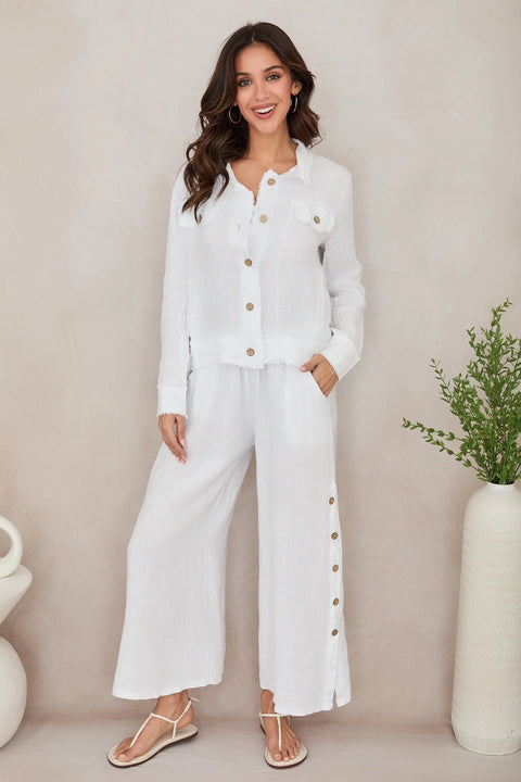 Fringe Hem Button Down Linen Jacket