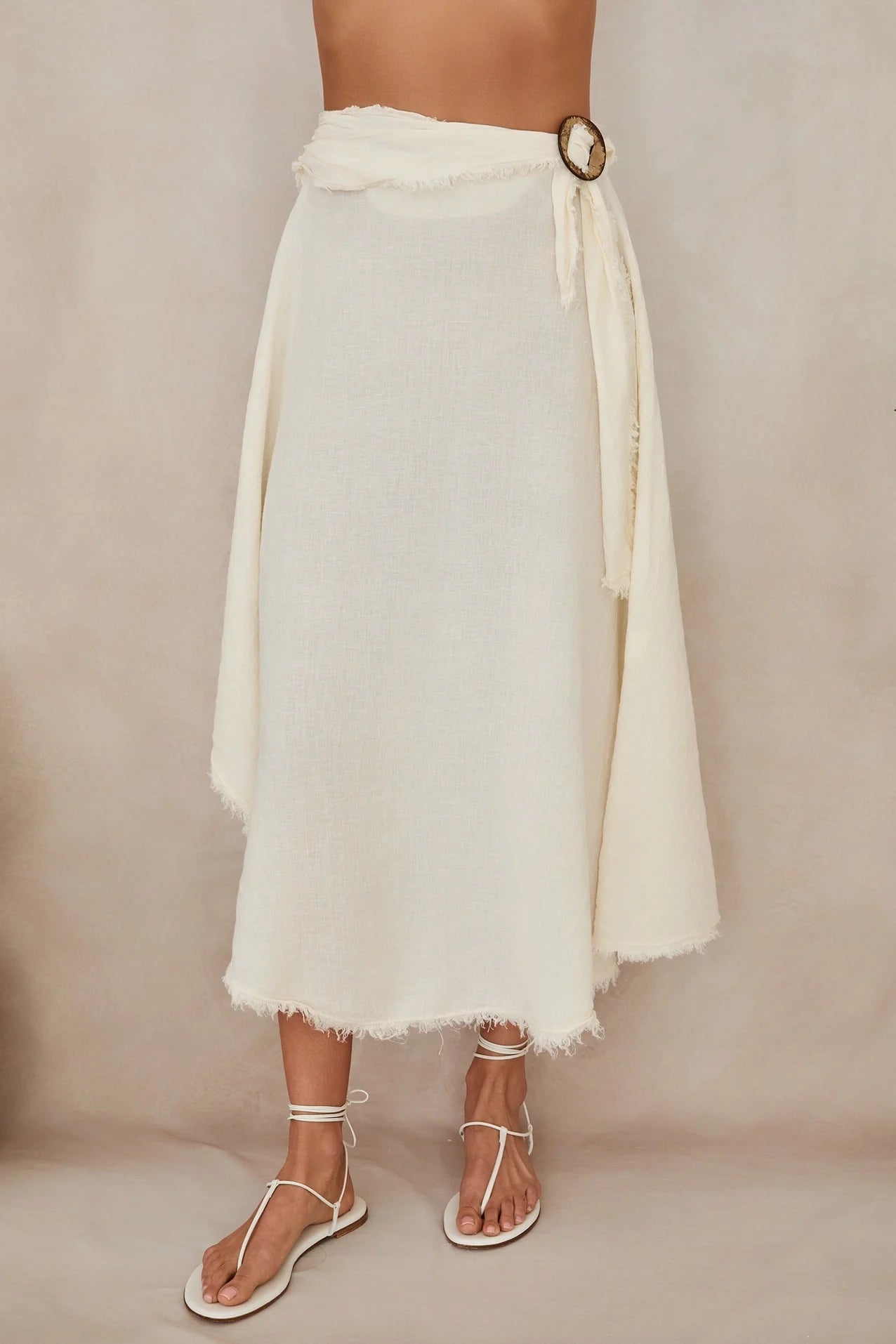 Fringe Ring Tie Detail Front Linen Skirt