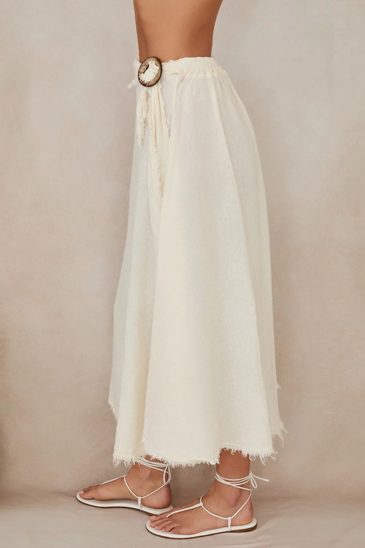 Fringe Ring Tie Detail Front Linen Skirt
