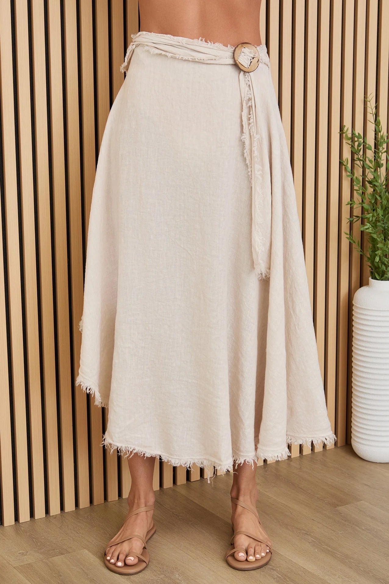 Fringe Ring Tie Detail Front Linen Skirt