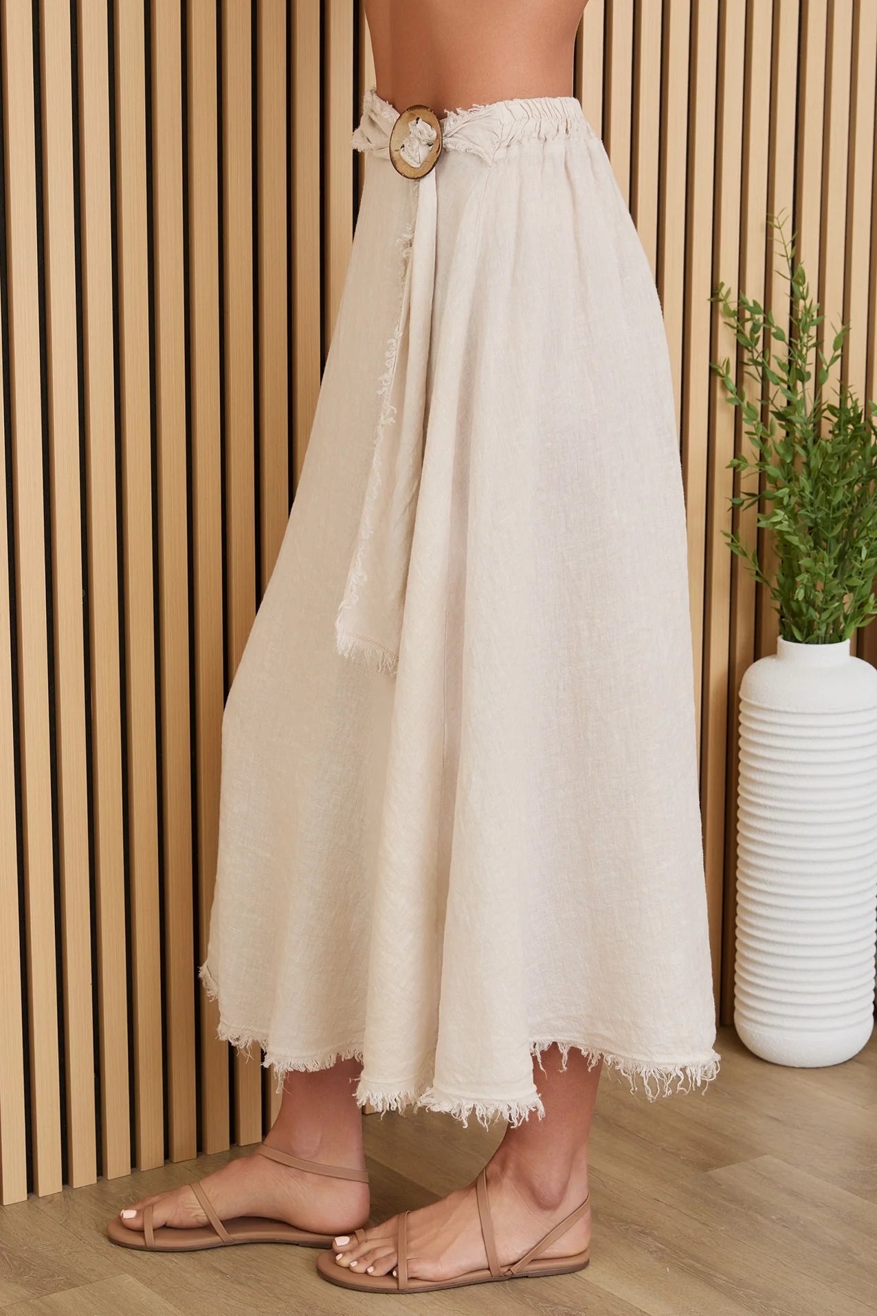 Fringe Ring Tie Detail Front Linen Skirt