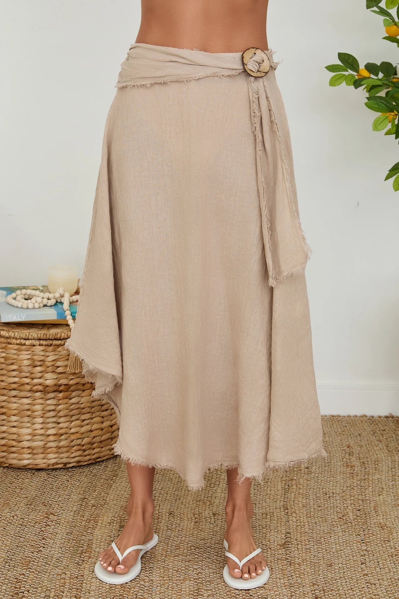 Fringe Ring Tie Detail Front Linen Skirt