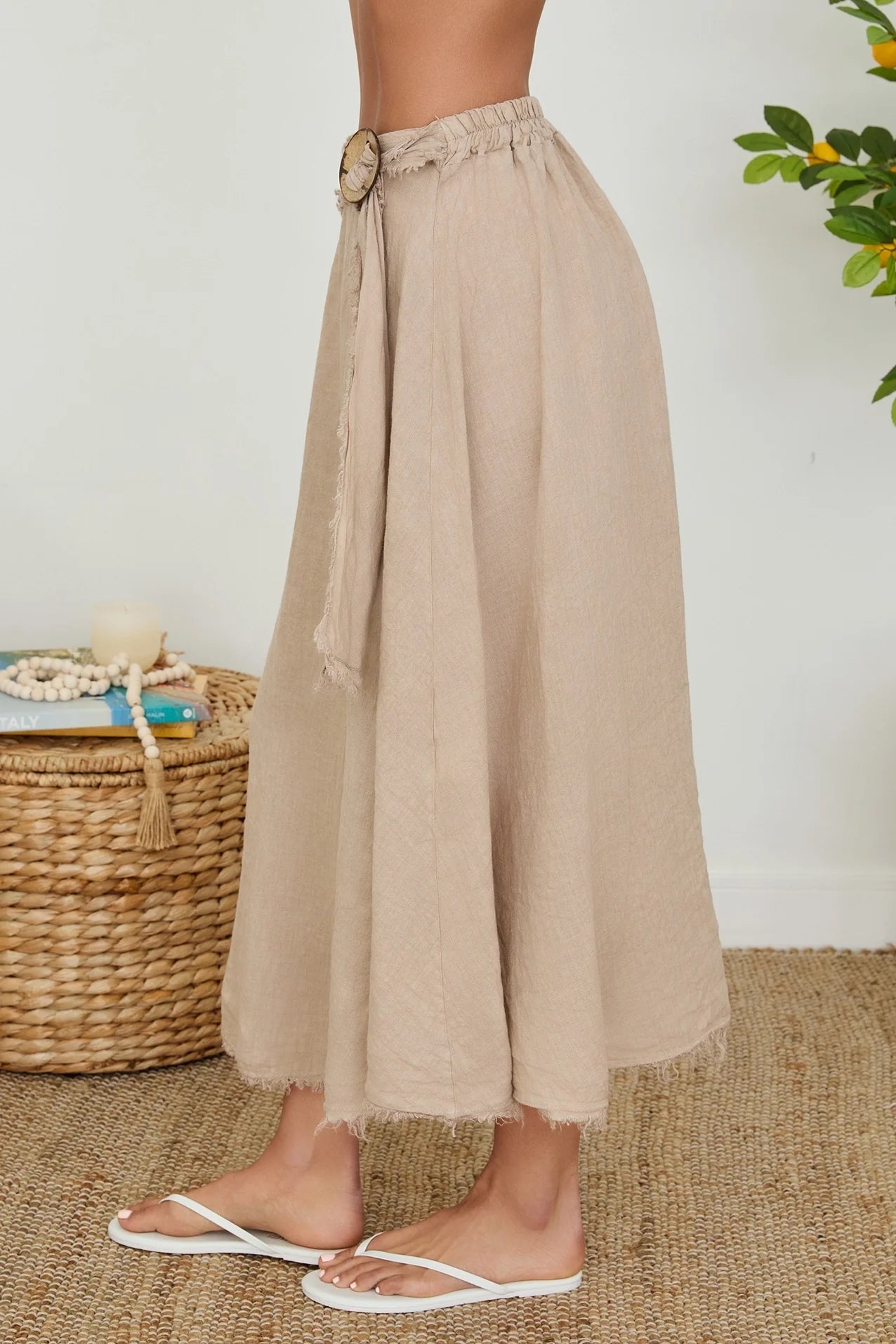 Fringe Ring Tie Detail Front Linen Skirt