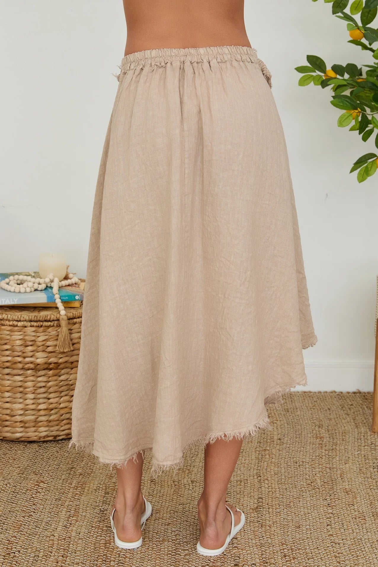 Fringe Ring Tie Detail Front Linen Skirt