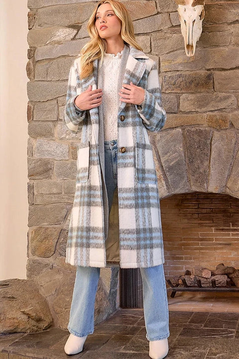 Fuzzy Plaid Long Coat - Ivory Mix