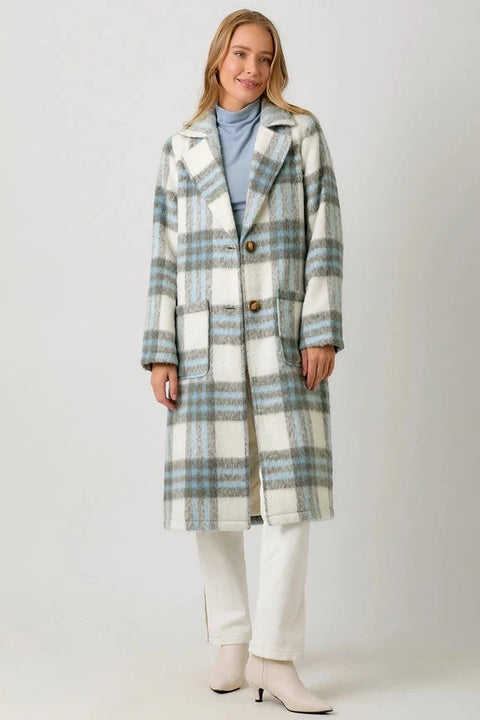 Fuzzy Plaid Long Coat - Ivory Mix