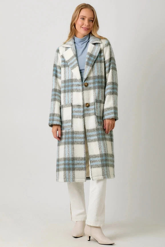 Fuzzy Plaid Long Coat - Ivory Mix