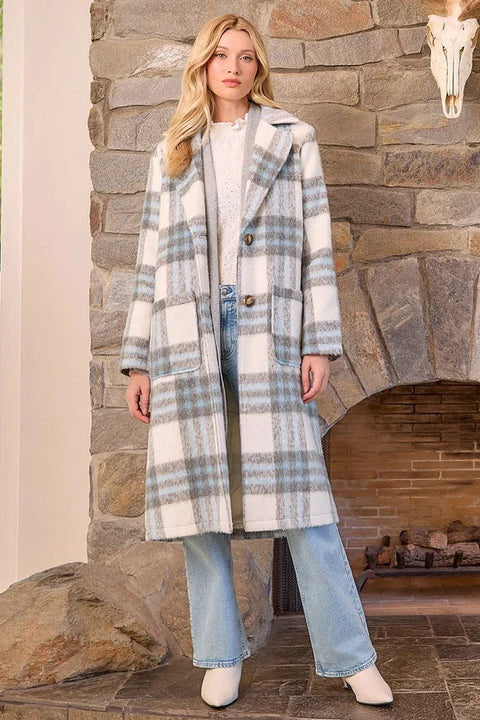 Fuzzy Plaid Long Coat - Ivory Mix