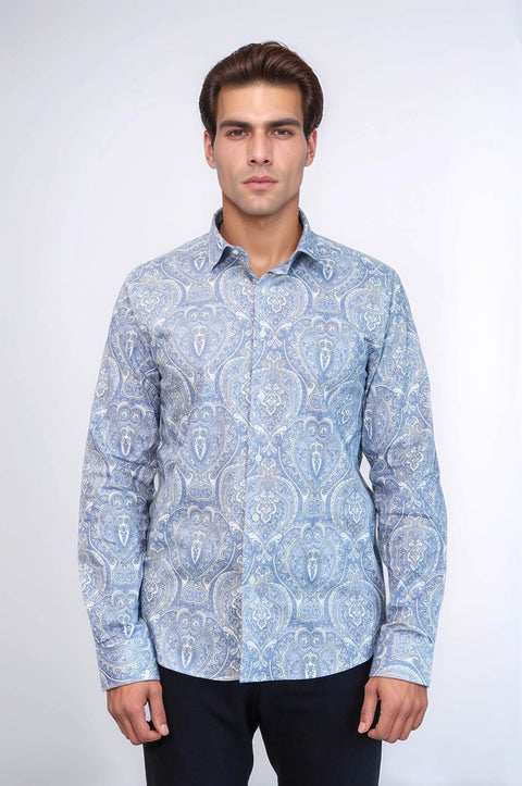Blue Damask Pattern Slim Fit Shirt - Wessi