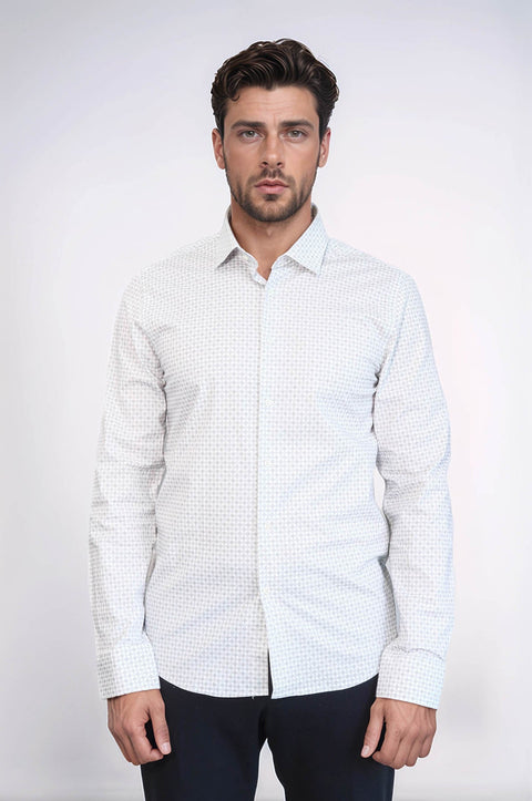 Houndstooth Pattern Slim Fit Ecru Men Shirt - Wessi