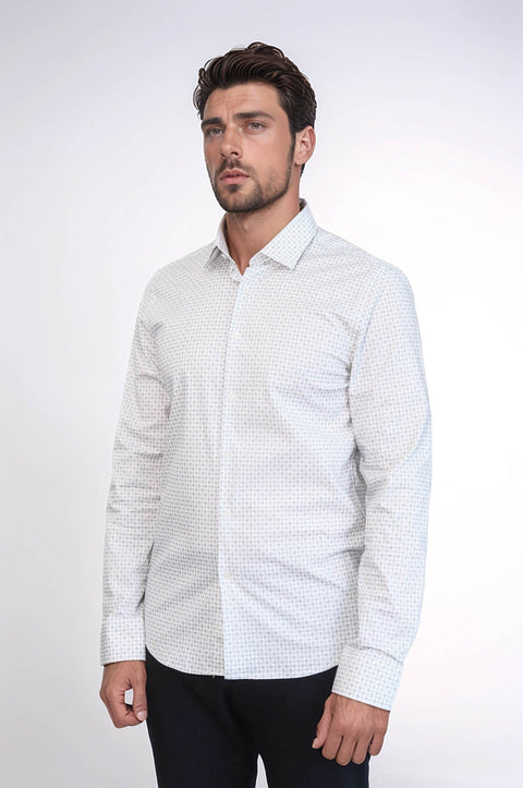 Houndstooth Pattern Slim Fit Ecru Men Shirt - Wessi