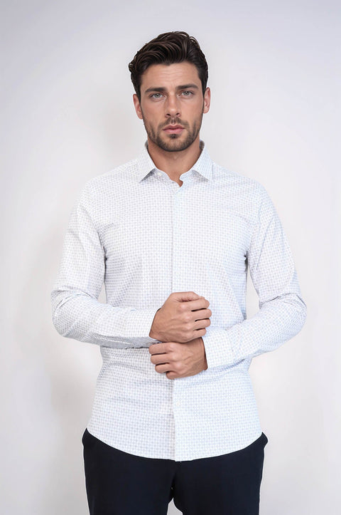 Houndstooth Pattern Slim Fit White Men Shirt - Wessi