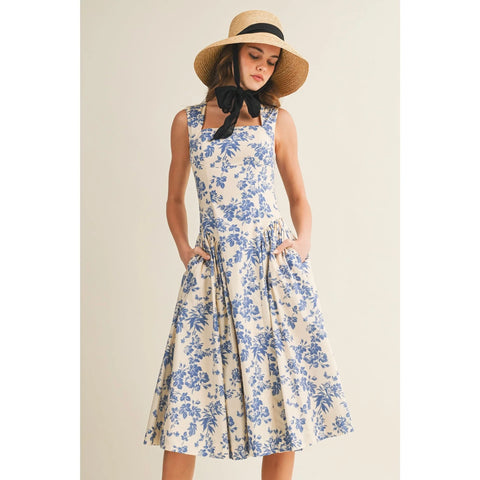 Garden Floral Porcelain Square Neck Midi Dress