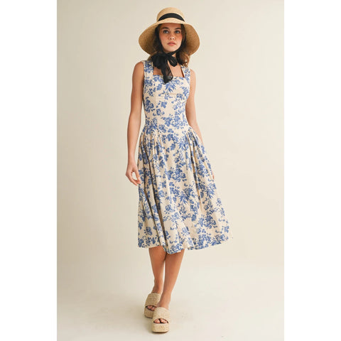Garden Floral Porcelain Square Neck Midi Dress