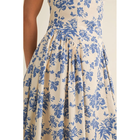 Garden Floral Porcelain Square Neck Midi Dress