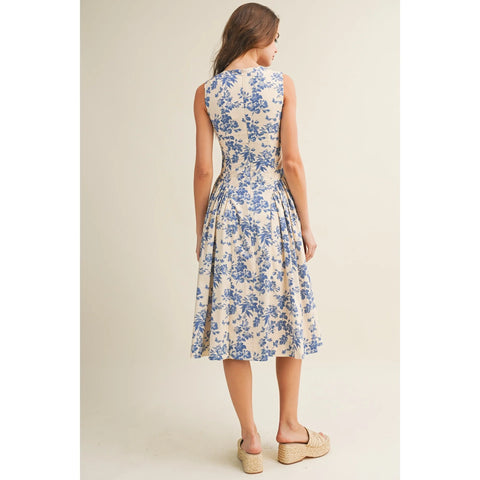 Garden Floral Porcelain Square Neck Midi Dress