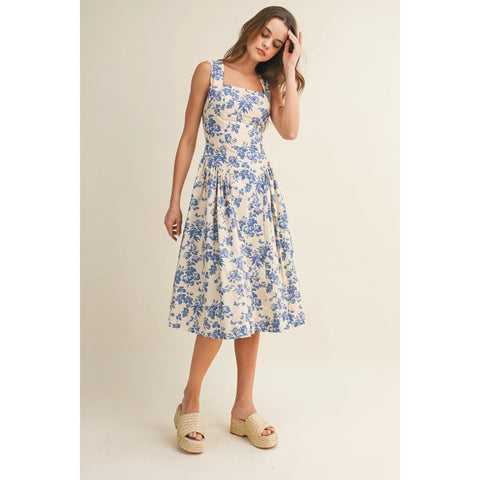 Garden Floral Porcelain Square Neck Midi Dress
