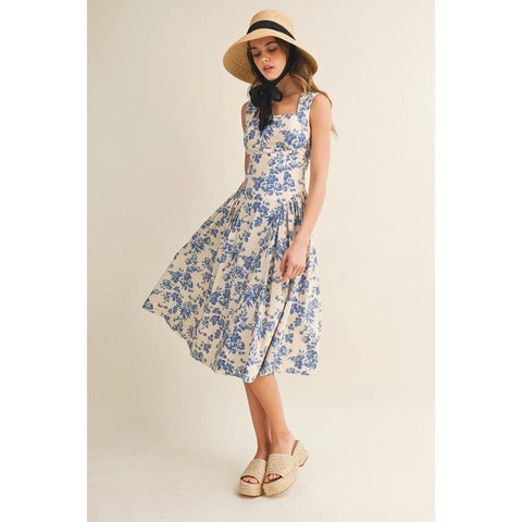 Garden Floral Porcelain Square Neck Midi Dress