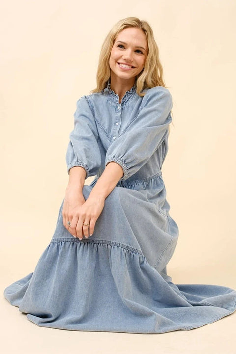 Garment Washed Chevron Yoke Midi Denim Dress Light Wash