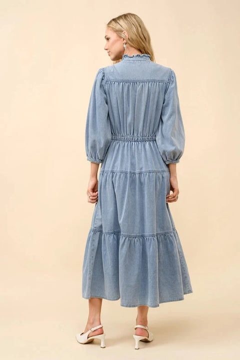 Garment Washed Chevron Yoke Midi Denim Dress Light Wash