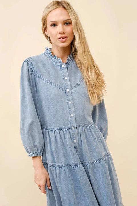Garment Washed Chevron Yoke Midi Denim Dress Light Wash