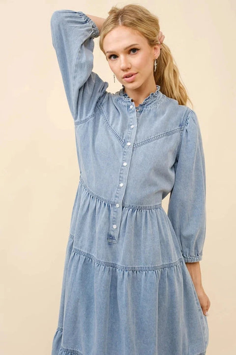 Garment Washed Chevron Yoke Midi Denim Dress Light Wash
