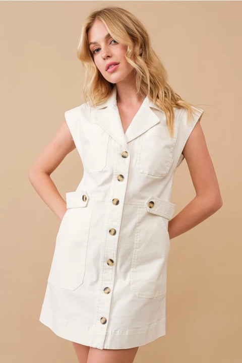 Garment Washed Collared Cargo Twill Dress White Women’s Dress