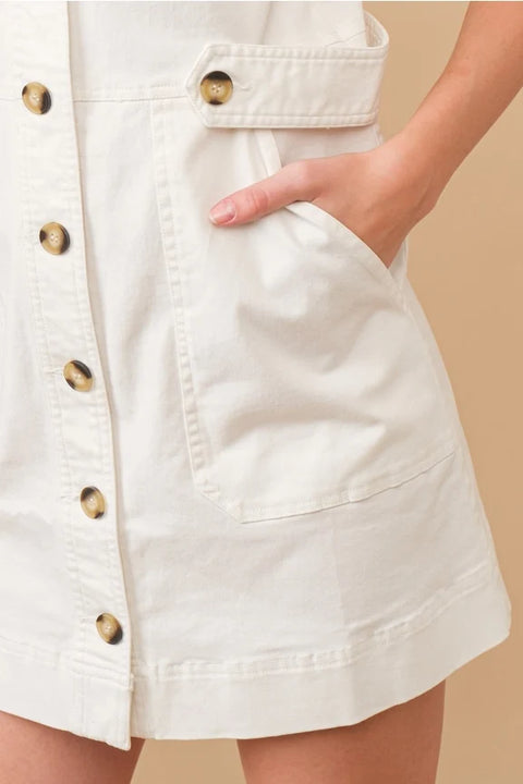 Garment Washed Collared Cargo Twill Dress White Women’s Dress