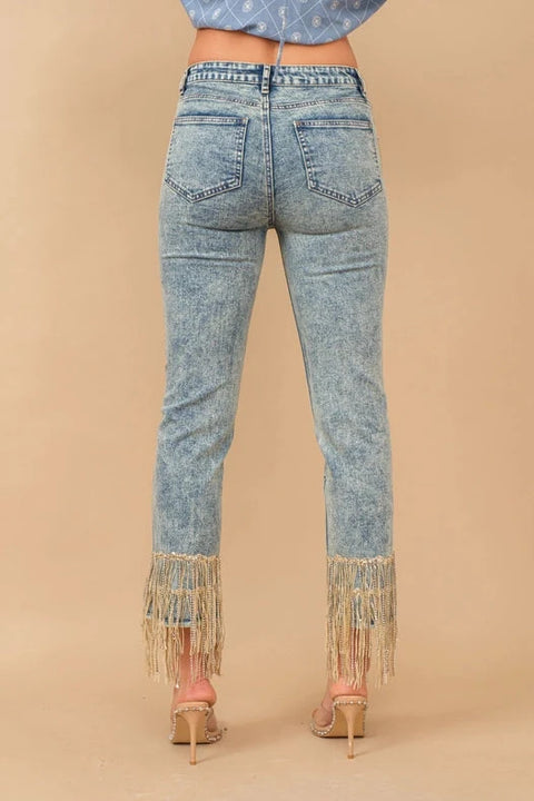 Garment Washed Side Sequin Tape Fringe Denim Jeans Med Wash