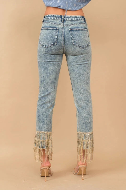 Garment Washed Side Sequin Tape Fringe Denim Jeans Med Wash
