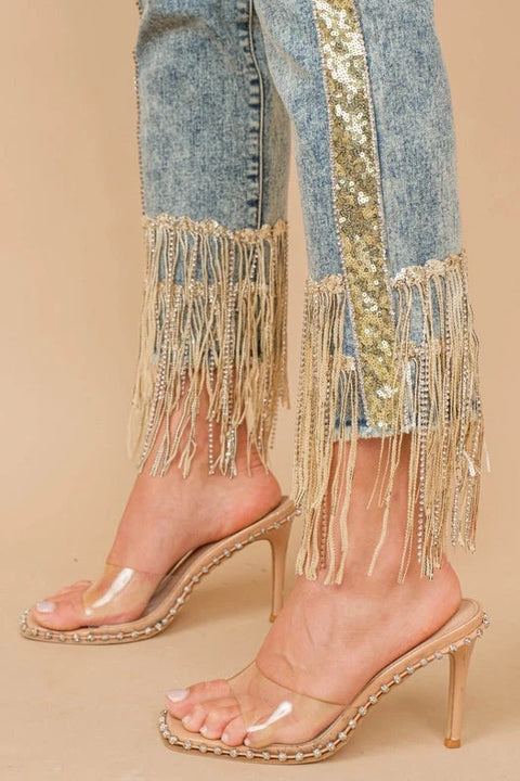 Garment Washed Side Sequin Tape Fringe Denim Jeans Med Wash