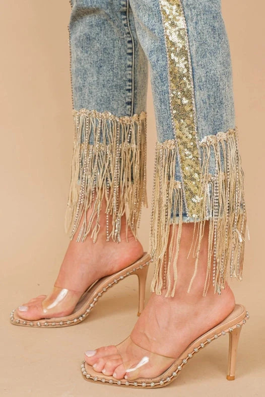 Garment Washed Side Sequin Tape Fringe Denim Jeans Med Wash