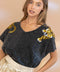 Garment Washed V Neck Tiger Sequin Patch T Shirt - Charcoal