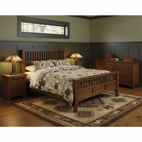 Mission Style Quarter Sawn Oak Bed with Slats - Walnut