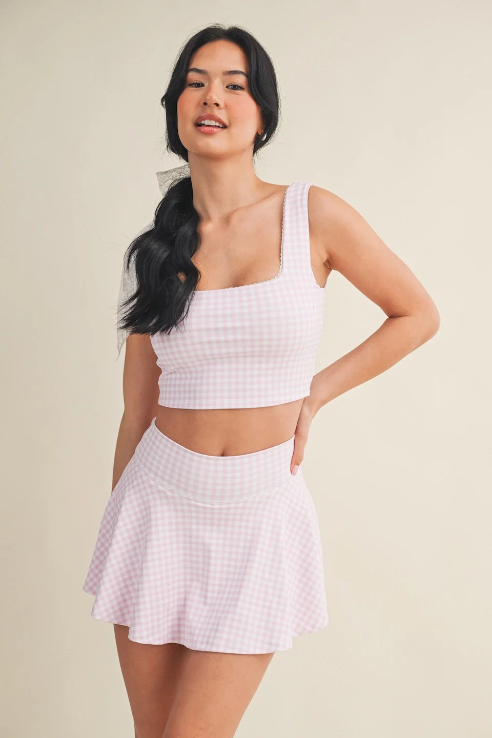 Gingham Print Crop Tank with Lace Trim