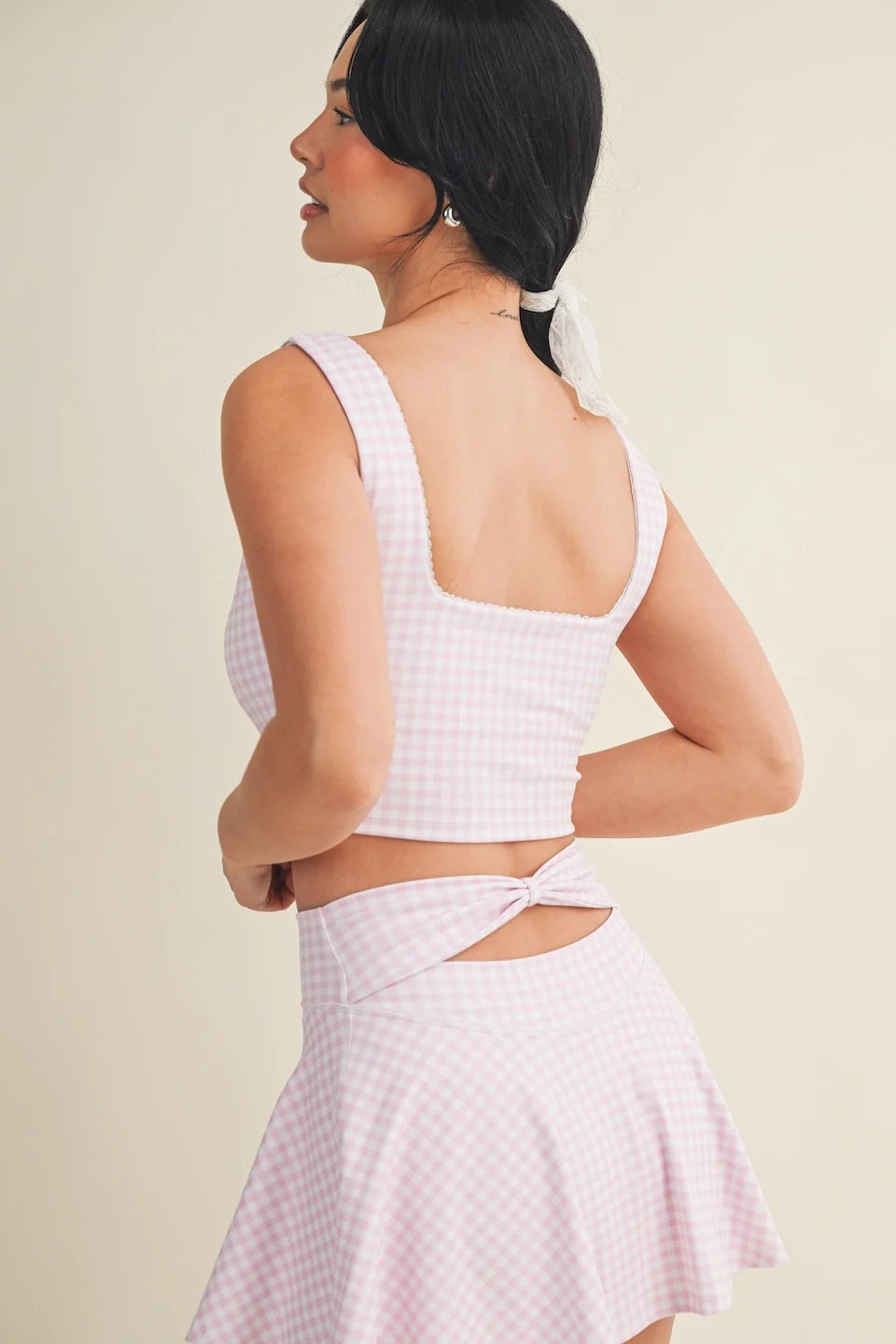 Gingham Print Crop Tank with Lace Trim