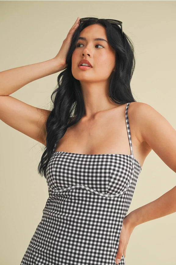 Gingham Print Sweetheart Dress - Black Gingham