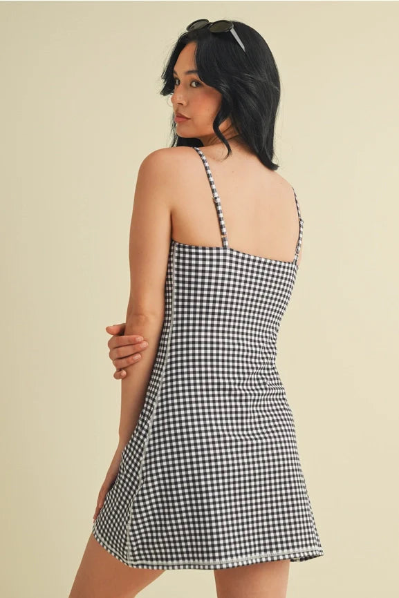 Gingham Print Sweetheart Dress - Black Gingham