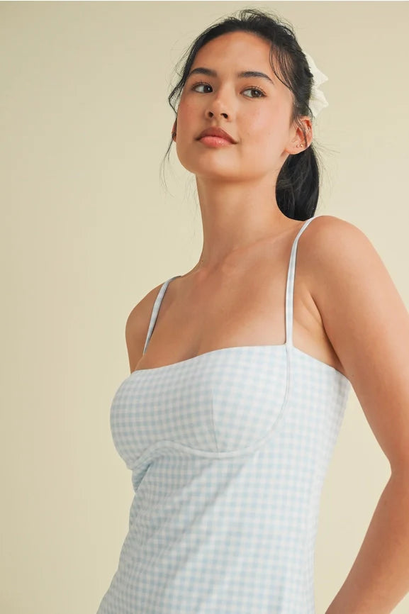 Gingham Print Sweetheart Dress - Blue Gingham