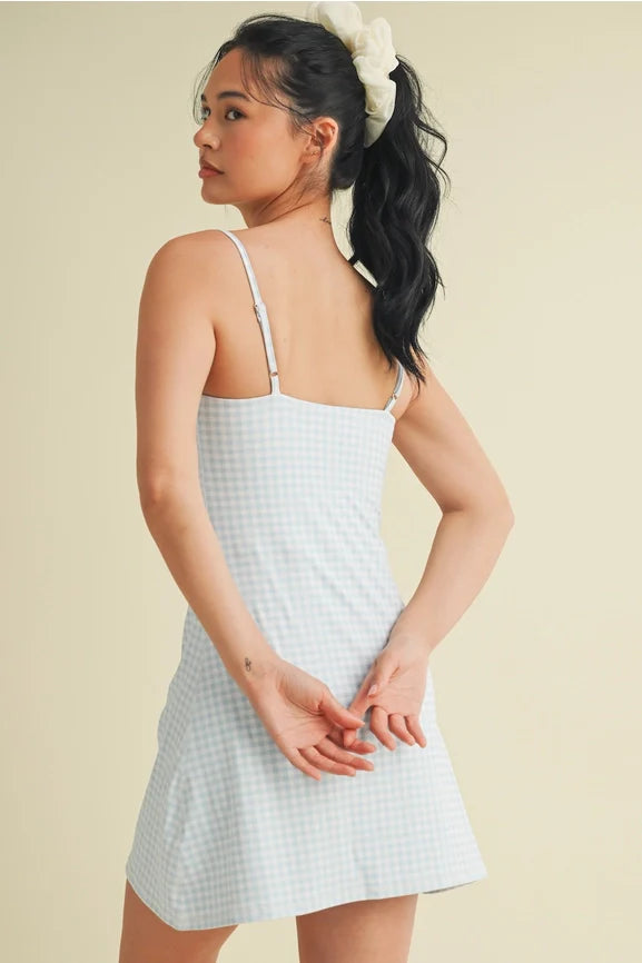 Gingham Print Sweetheart Dress - Blue Gingham