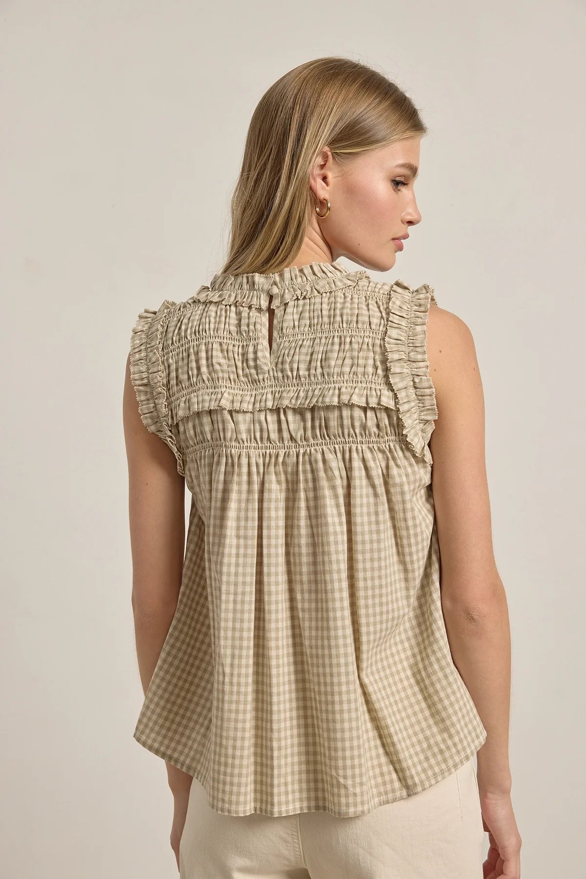 Gingham Ruffle Blouse - Beige