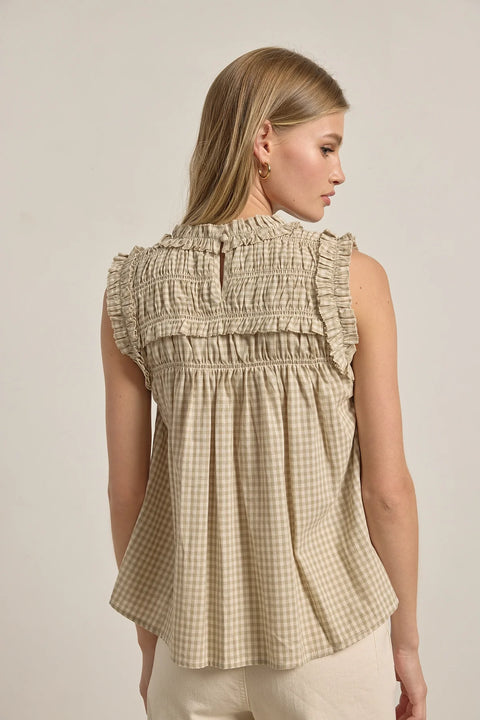 Gingham Ruffle Blouse - Beige