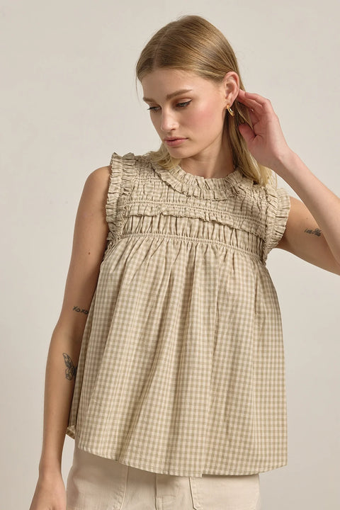 Gingham Ruffle Blouse - Beige