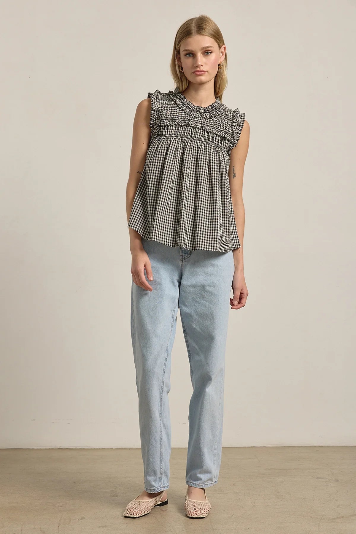 Gingham Ruffle Blouse - Black