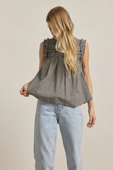 Gingham Ruffle Blouse - Black